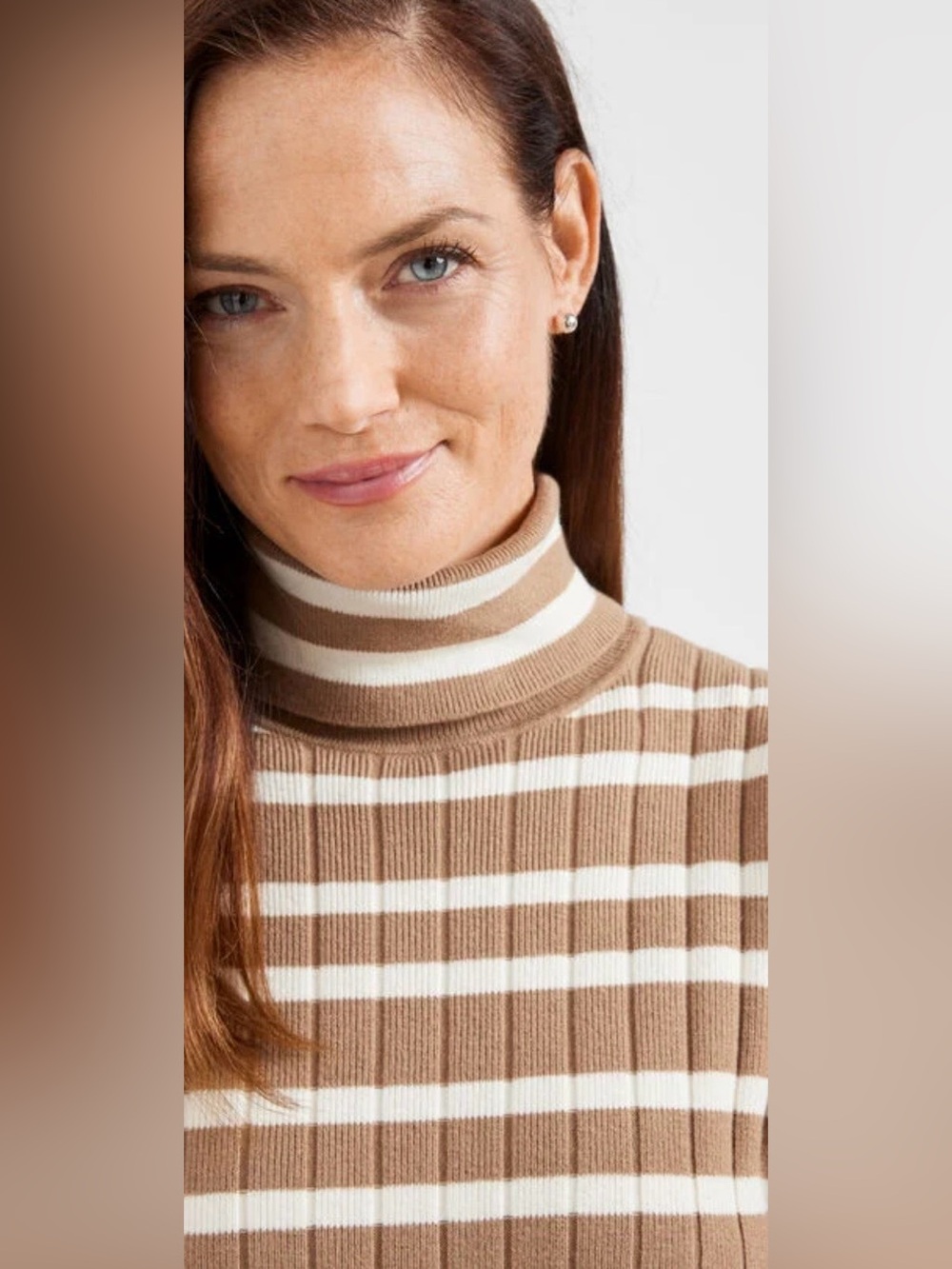 Talbots Puff Sleeve Ribbed Turtleneck Sweater Classic Stripe Taupe Ivory. XS